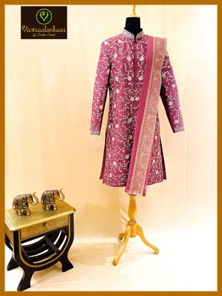 Royal Wine Floral Embroidered Sherwani Set with Designer Stole