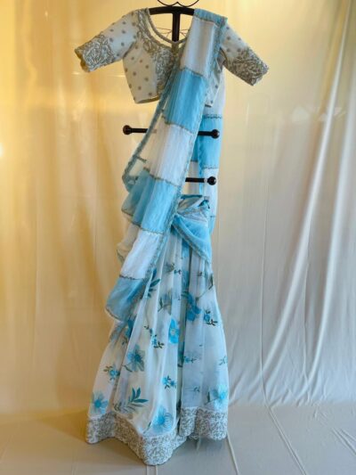 Sky Blue Floral Organza Saree with Embroidered Designer Blouse
