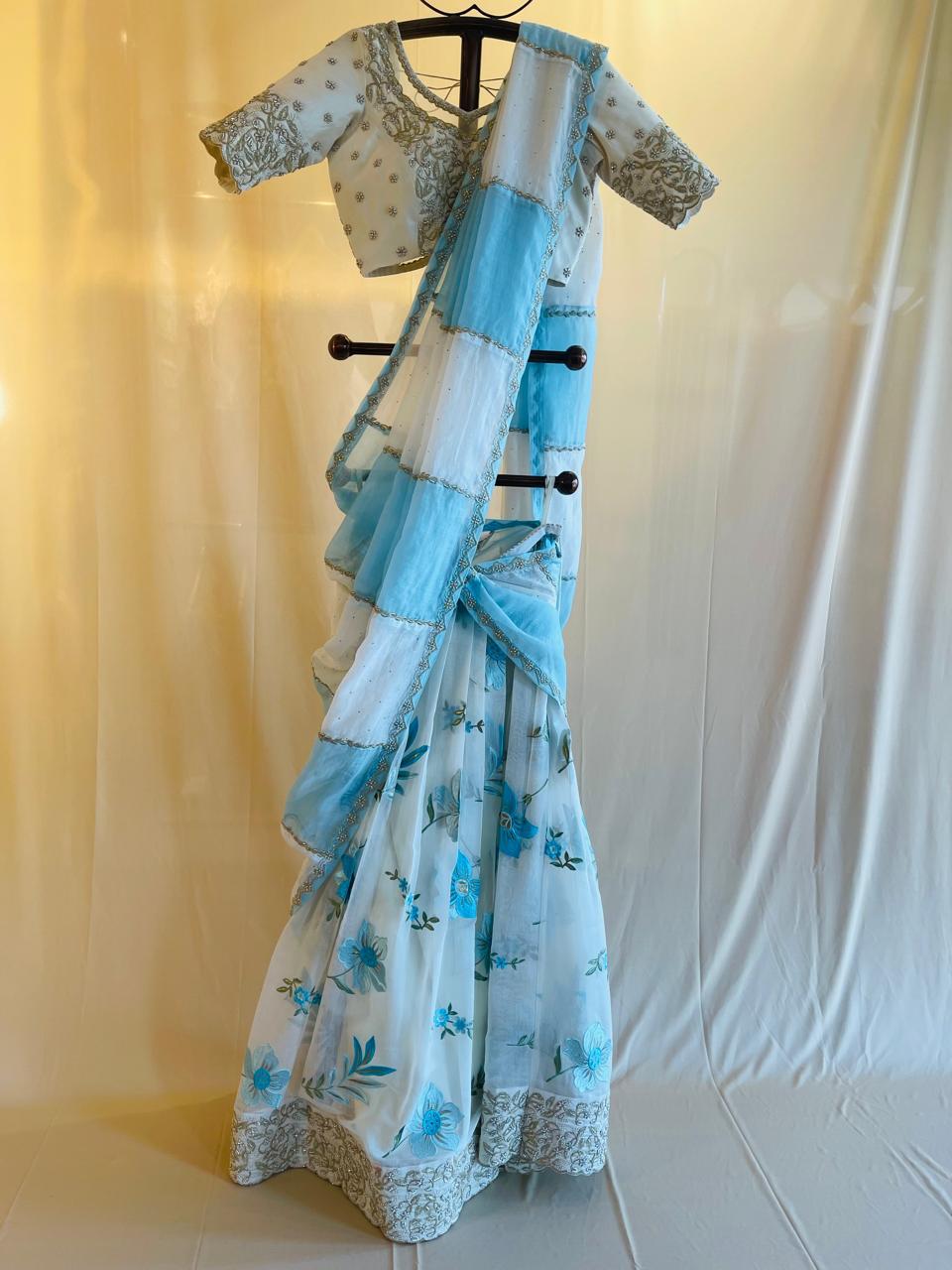 Sky Blue Floral Organza Saree with Embroidered Designer Blouse
