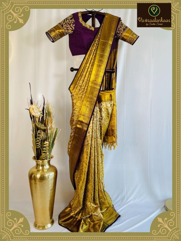 Royal Gold Banarasi Silk Saree with Purple Embroidered Blouse
