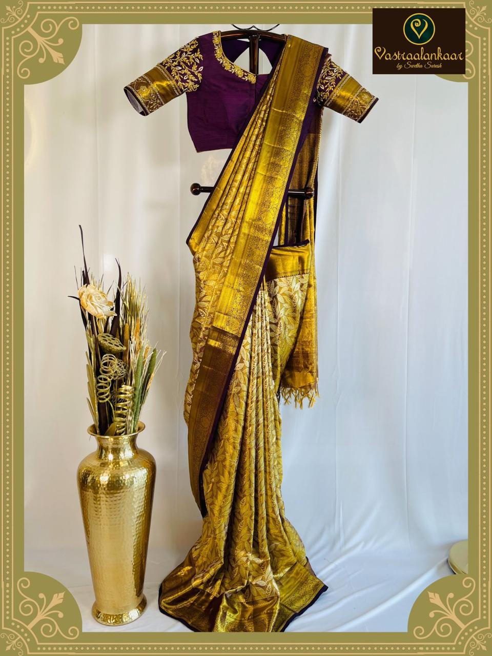 Royal Gold Banarasi Silk Saree with Purple Embroidered Blouse