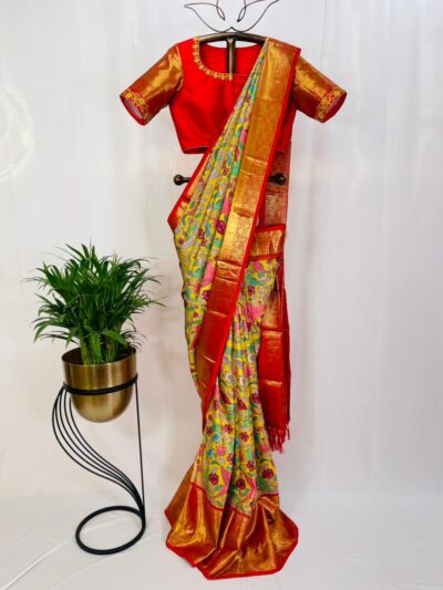 Traditional Multicolor Kalamkari Silk Saree with Red Zari Blouse