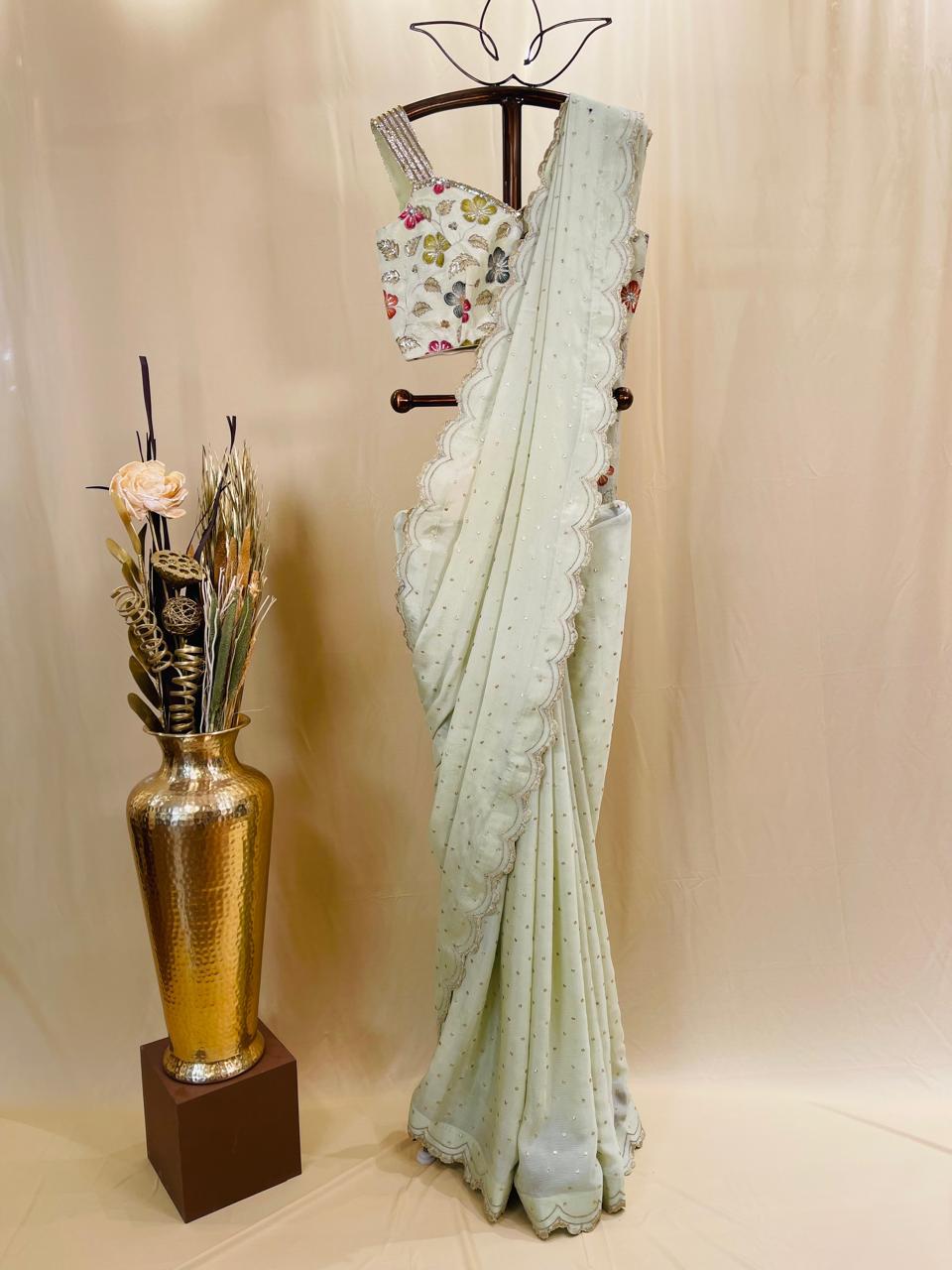 Pastel Mint Designer Saree with Pearl Embellished Floral Blouse