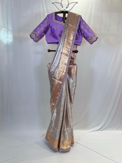 Purple Blouse with Metallic Tissue Saree