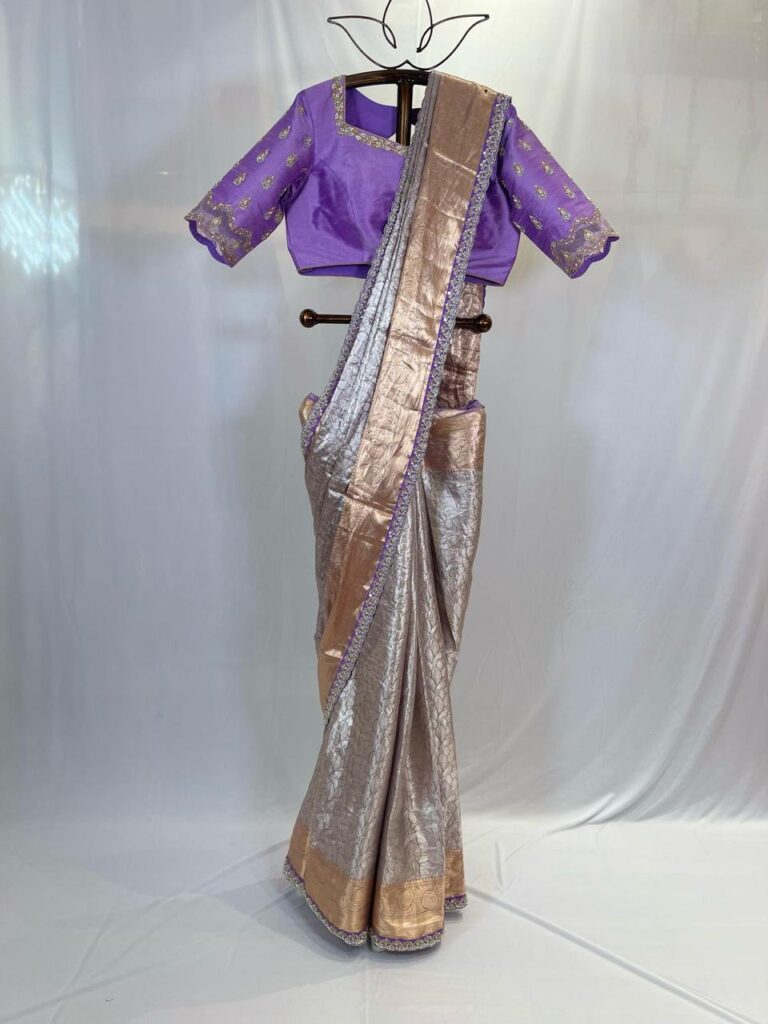 Purple Blouse with Metallic Tissue Saree