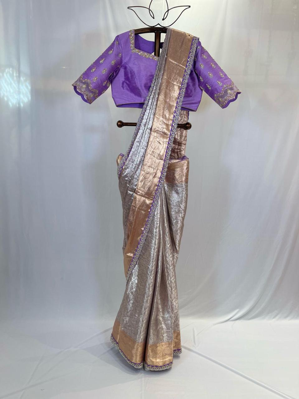 Purple Blouse with Metallic Tissue Saree