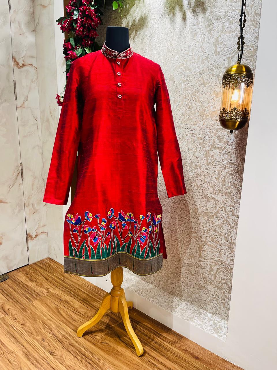 Crimson Red Embroidered Silk Kurta for Men