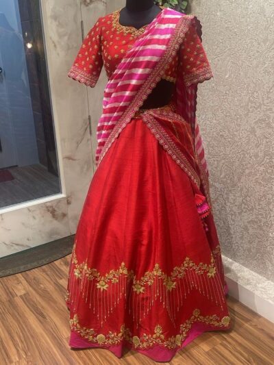 Bridal Red Silk Lehenga Set with Pink Leheriya Dupatta