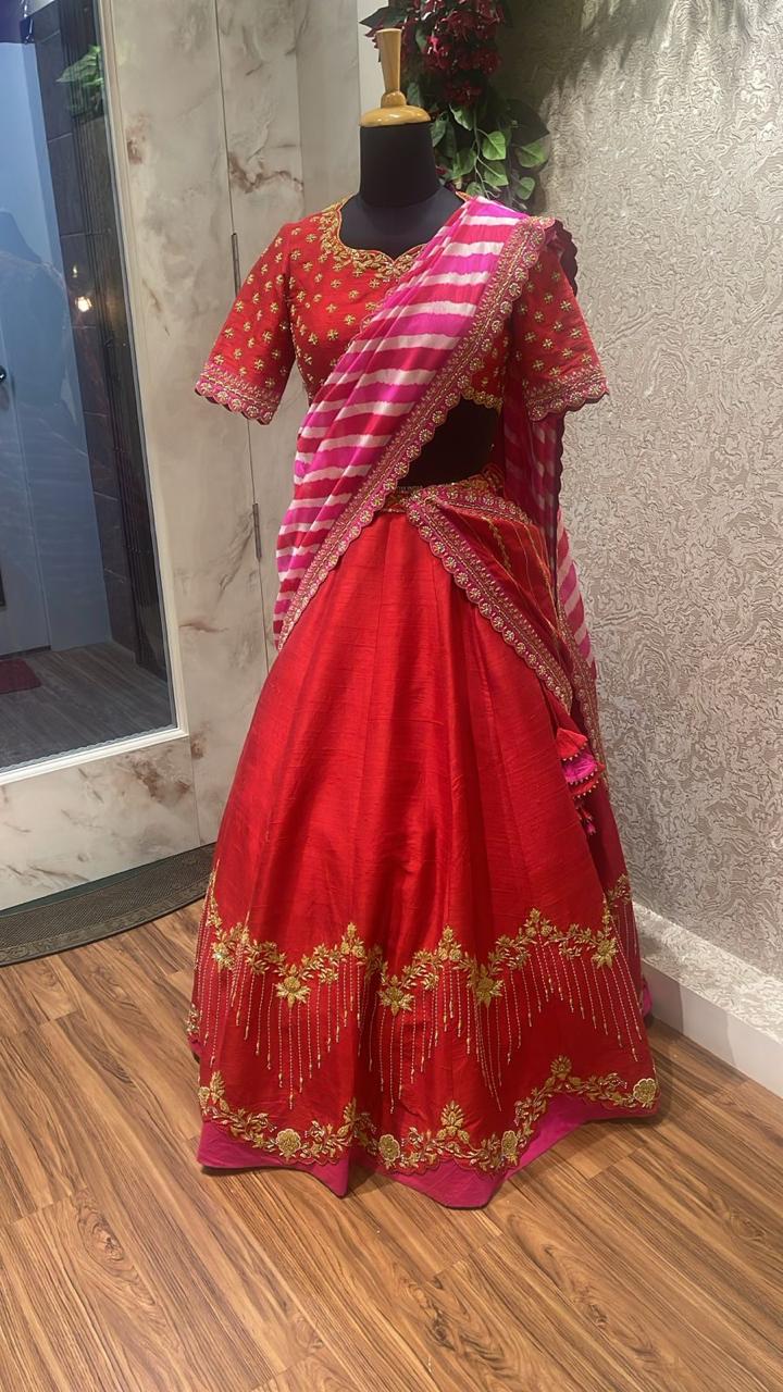Bridal Red Silk Lehenga Set with Pink Leheriya Dupatta